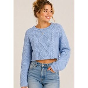 Altar'd State Blue Women's Cable Knit Cropped Sweater Cotton Crew Neck Medium